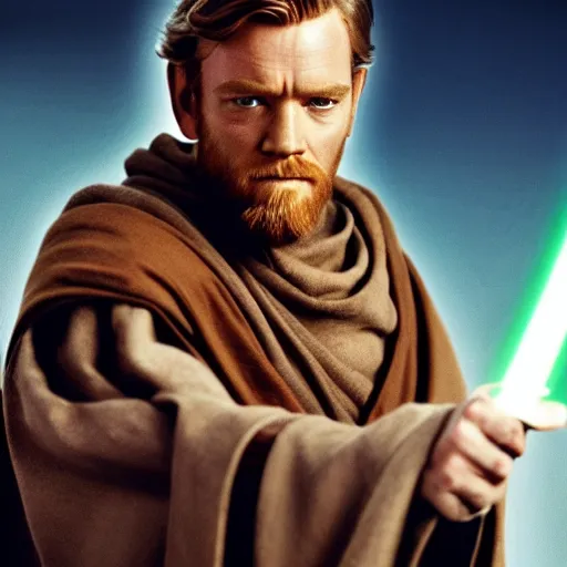 Image similar to obi-wan kenobi, star wars, ewan mcgregor high quality, 4k, photography, professional, film, dramatic lightning, cinema, portrait, detailed face, sharp focus, DSLR, HDR low contrast,