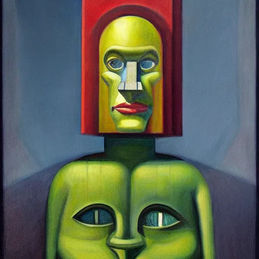 Prompt: brutalist giant sacred robot visage, portrait, cathedral, dystopian, pj crook, edward hopper, oil on canvas