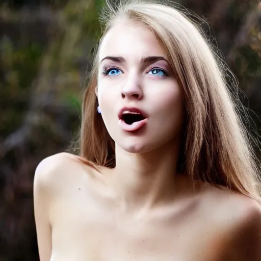 Image similar to beautiful European girl, rolling eyes looking up, tongue sticking out