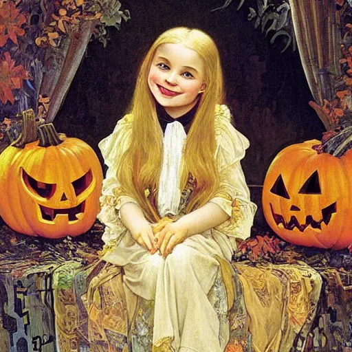 Image similar to a happy little girl with long straight golden blonde hair sitting amidst halloween decor, skulls and pumpkins. beautiful highly detailed face, beautiful painting by alphonse mucha and norman rockwell