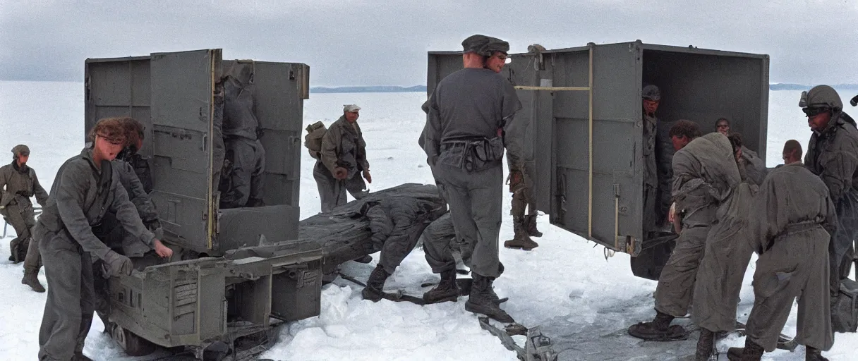 Image similar to establishing wide shot color movie like 3 5 mm photograph of middle aged caucasian us soldierss unloading dark grey metal rectangular crate from a black military 1 9 8 2 helicopter at a top secret military base in antarctica