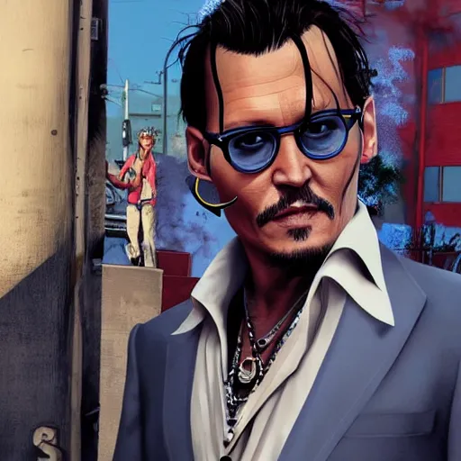 Image similar to Johnny Depp in GTA V Cover art by Steven Bliss, artstation, no text