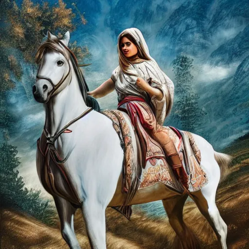 Image similar to full body shot of a beautiful young kurdish woman riding a beautiful white horse in the kurdish mountains art by martin ansin, highly detailed, 8 k, high resolution, award winning art, incredibly intricate, beautiful and symmetrical face