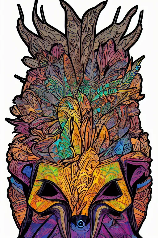 Image similar to animal mask totem roots flower tribal feather gemstone plant wood rock shaman vodoo video game vector cutout illustration vivid multicolor borderlands comics by josan gonzales and dan mumford radiating a glowing aura