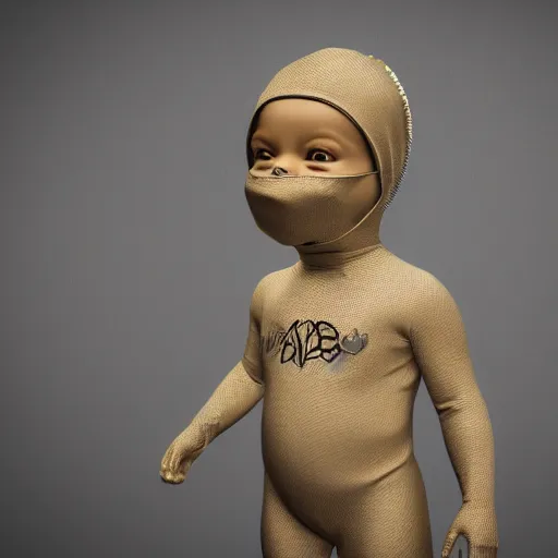 Image similar to a high tech 3 d rendering of a a baby cherub angel wearing a balaclava face mask, ski mask, face covered, covered face, fixed eyes, tattoos, multiple gold cuban chain necklace, graffiti in background octane render, blender