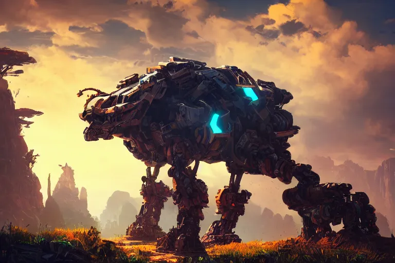 Image similar to rockbreaker machine mecanical creature robot of horizon forbidden west horizon zero dawn radiating a glowing aura global illumination ray tracing hdr fanart arstation by ian pesty and alena aenami artworks in 4 k