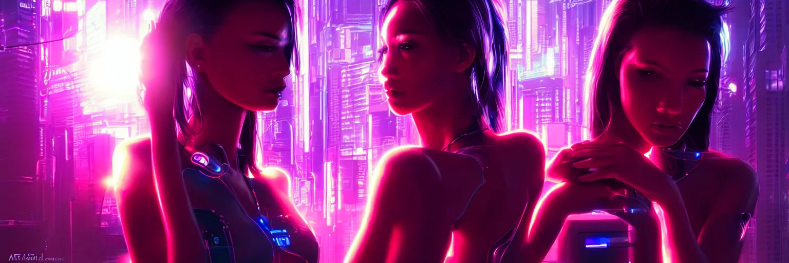 Image similar to backlit portrait of one female humanoid in a cyberpunk cityscape, half body cropping, elegant glamor pose, accurate anatomy, cyber led neon lighting, bokeh, rule of thirds, hyper photorealistic, crispy quality, digital photography, art by pascal blanche, art by artgerm, art by greg rutkowski,