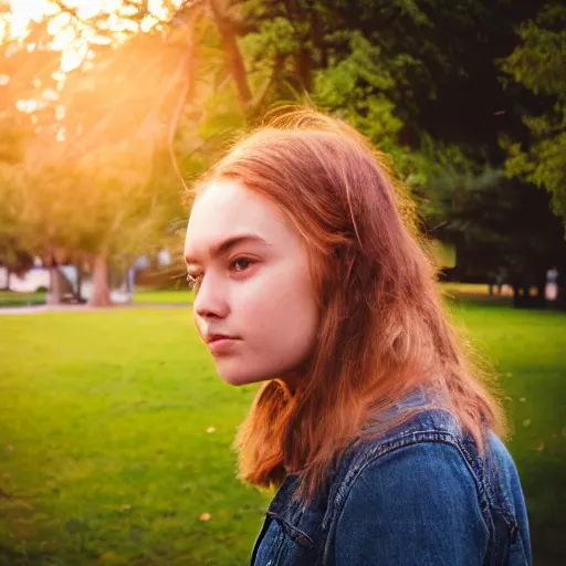 Image similar to instant photograph of a young person, looking to the camera, face only, polaroid, raw, beautiful, nostalgic, light leak, sunset, clouds, park