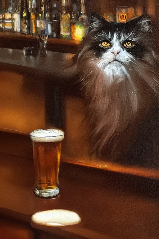 Image similar to of a british longhair cat sitting at the bar next to a beer, by greg rutkowski