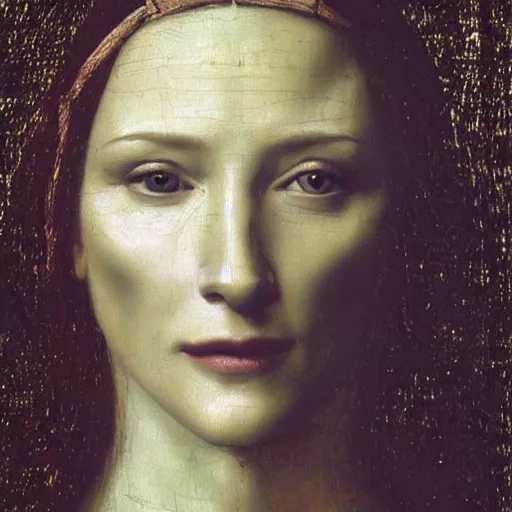 Image similar to painting of cate blanchett as jesus by leonardo davinci