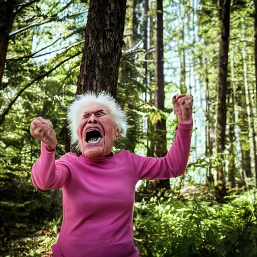 Image similar to elderly woman screaming at bigfoot, canon eos r 3, f / 1. 4, iso 2 0 0, 1 / 1 6 0 s, 8 k, raw, unedited, symmetrical balance, wide angle
