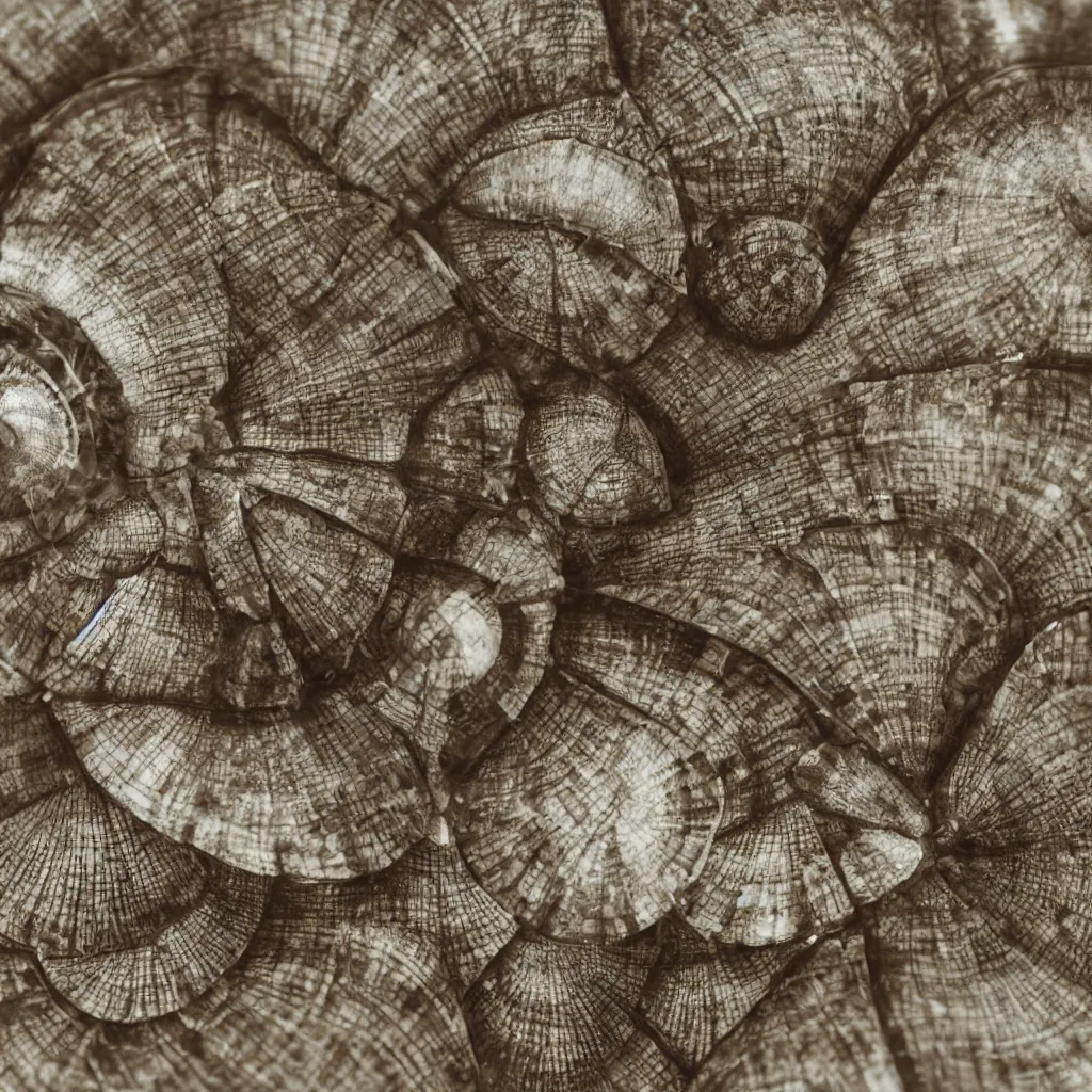 Image similar to geometric single sea shell by ernst haeckel, modeled in 3 d, closeup, cinema 4 d render, beach sad background, clear focus, very coherent, very detailed