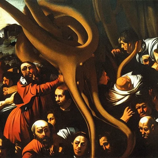 Prompt: painting of a giant octopus in an italian square crowded with frightened people of an Italian town in 1800s, Caravaggio