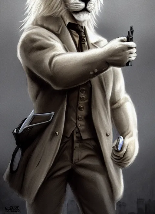 Image similar to aesthetic portrait commission of a of a male fully furry muscular anthro albino lion holding a glock close to his head wearing attractive brown and black cotton detectives outfit in vintage 1900's London city, sepia filter. Character design by charlie bowater, ross tran, artgerm, and makoto shinkai, detailed, inked, western comic book art, award winning film poster painting