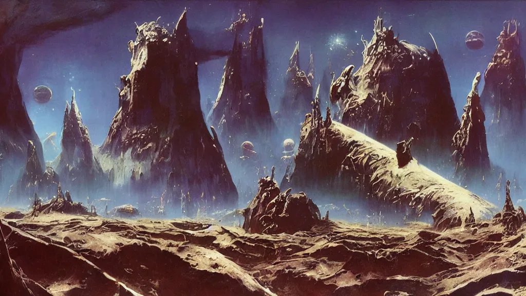 Prompt: surreal eerie alien planet empire by frank frazetta and bruce pennington, cinematic matte painting