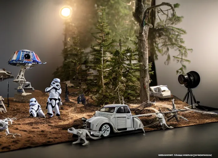 Prompt: a detailed photo of a realistic diorama with star wars toys, macro photography, zoom, model trees, table, studio lighting