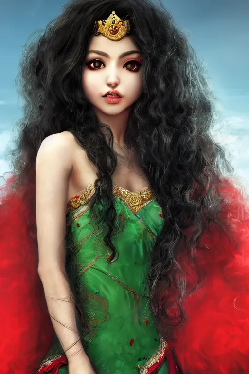 Image similar to dreamy beautiful persian asian princess in clouds, green eyes, red dress, long black curly hair, smiling, wearing a diamond tiara, face, highly detailed, artstation, concept art, sharp focus, hyper realistic, octane render, unreal engine, 8 k