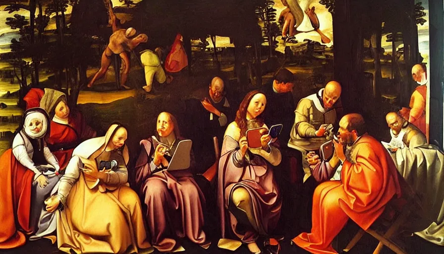 Image similar to people using smartphones!!, renaissance painting, oil painting, hyperdetailed