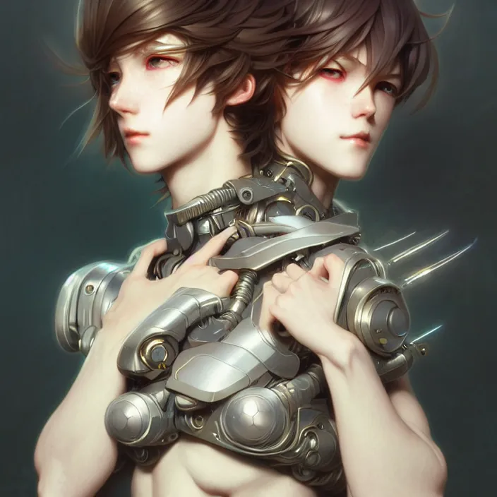 Image similar to animeboy cyborg, diffuse lighting, fantasy, intricate, elegant, highly detailed, lifelike, photorealistic, digital painting, artstation, illustration, concept art, smooth, sharp focus, art by john collier and albert aublet and krenz cushart and skunkyfly and alphonse mucha