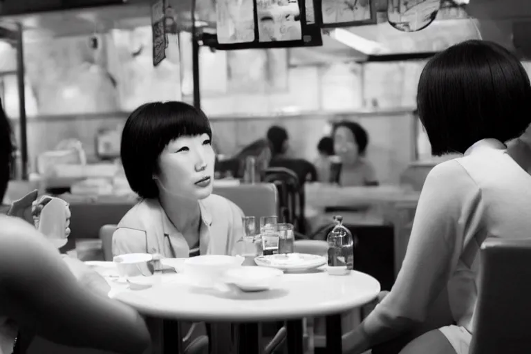 Image similar to movie interior closeup beautiful Japanese model lesbian couple closeup sitting and talking at 50s diner, night in the city, beautiful skin, by Emmanuel Lubezki