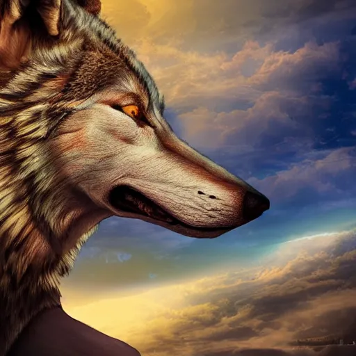 Prompt: of beksinki sky and fantasy desert on the theme and shape of a wolves head epic cinematic lighting ultra detailed 8 k hi res