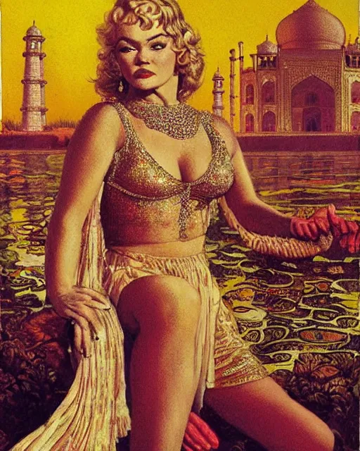 Prompt: tuesday weld visits the taj mahal by virgil finlay and basil gogos and francine van hove, bbwchan
