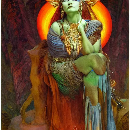 Image similar to goddess of the lost city, by Annie Swynnerton and Diego Rivera and Tino Rodriguez and Maxfield Parrish, elaborate headdress and embroidered velvet, iridescent beetles, rich color, dramatic cinematic lighting, extremely detailed