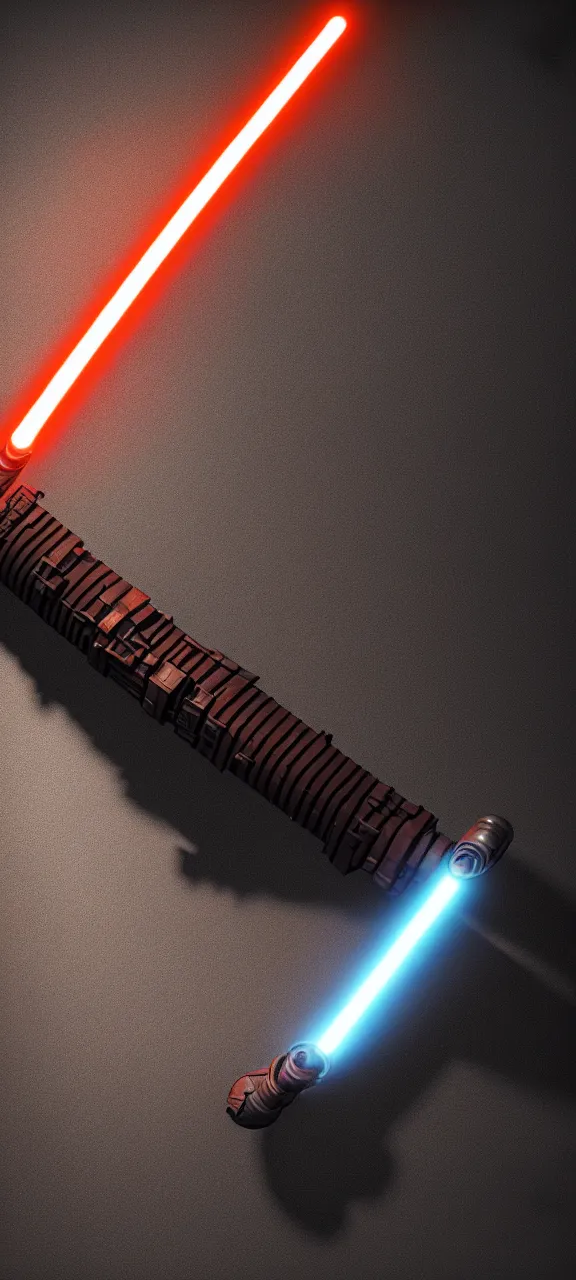 Image similar to ultra - detailed cinematic render, of a lightsaber hilt, that lies vertically on a carved stone, lit up in a dark room, photo from above, octane render, by mizuriau on deviantart, high quality, digital art, 8 k, jedi fallen order, volumetric lighting