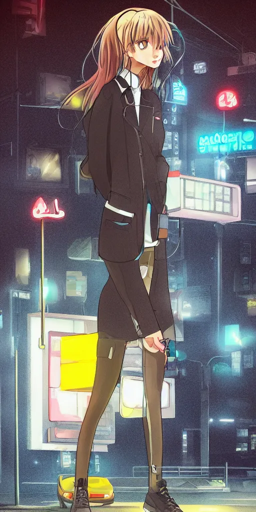 Prompt: Android wearing a school uniform, smoking a cigarette while standing on street corner lit by a neon sign”, full body shot, Digital art, detailed, anime