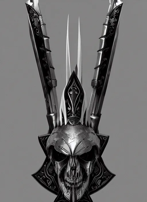 Image similar to a black and silver sword skull crest, orthographic, ornament, weapon, a 2 d render by dom qwek, front side, concept art, trending on polycount, artstation, hard surface modeling, rendered in maya, zbrush, hd, vray, blizzard, symmetry