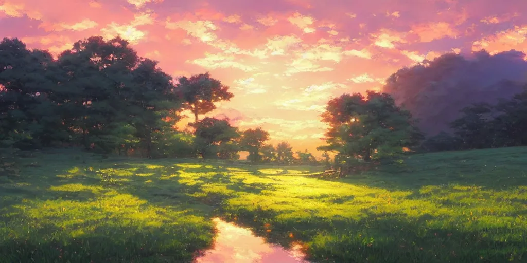 Image similar to an extraordinarily beautiful oil painting of a landscape in spring during sunset ; the most beautiful painting in the world ; by makoto shinkai