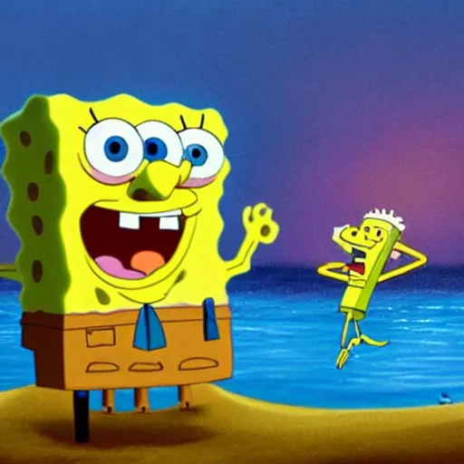 Image similar to A full body photo of the beautiful SpongeBob SquarePants made of cheese as a siren, he is looking straight to the camera, he has a glow coming from him, she is getting illuminated for rays of light that cross the sea, behind is a scary atmosphere of The Krusty Krab, the photo was taking by Annie Leibovitz, matte painting, oil painting, naturalism, 4k, 8k