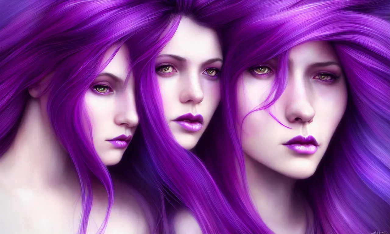 Prompt: Purple hair relistic Portrait of a three woman with bright colored flying hair, all shades of purple. Beauty face, Hair coloring, fantasy, intricate, elegant, highly detailed, digital painting, artstation, concept art, smooth, sharp focus, illustration, art by artgerm and greg rutkowski and alphonse mucha