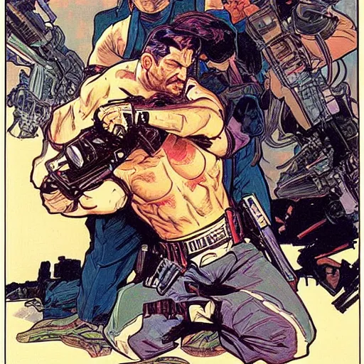 Prompt: The punisher putting a cop in a headlock. Concept art by James Gurney, Alphonso Mucha. Vivid color scheme.