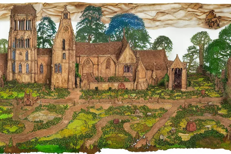 Image similar to an elaborate and dense painting of the peaceful redwall abbey in mossflower wood, detailed, made of alcohol ink on parchment and penned illustrations, by brian jacques and greg rutowski
