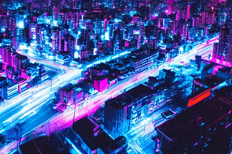 Prompt: aerial photo of neon tokyo street at night futuristic aesthetic matte painting, wallpaper, unsplash, colorful, style of aenami alena, neon blue color, vaporwave,