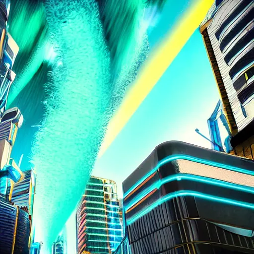 Image similar to low angle shot looking up towards towering deep turquoise tidal wave crashing down into Night City 2077 on a sunny afternoon, realistic photo, UE5