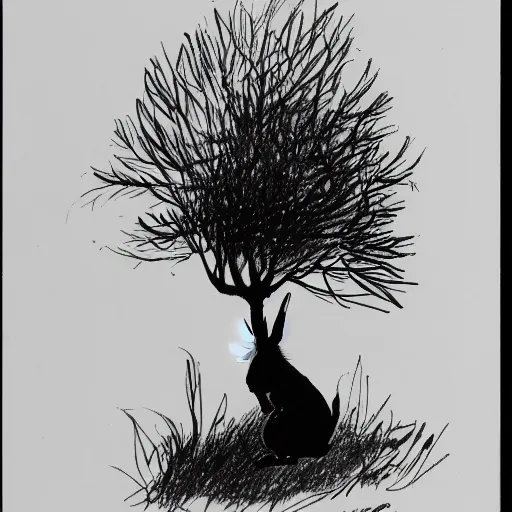 Prompt: milt kahl pen and ink sketch of a rabbit silhouette standing by a tree in the forest facing away