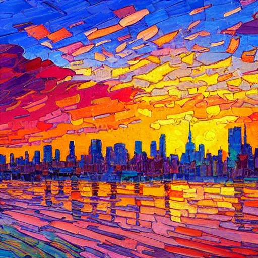 Image similar to a painting of a sunset over a cityscape with buildings in the background, an oil painting by erin hanson and stanton macdonald wright, deviantart, american impressionism, rich color palette, impressionism, fauvism, cgsociety, lyrical abstraction, cityscape, dystopian art