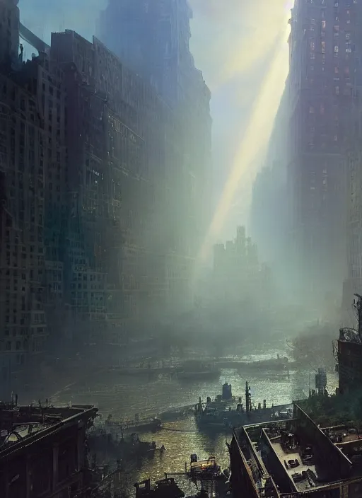 Image similar to the ruins of new york city, mist, sunrays, dust in the air, dnd character, unreal engine, octane render, dramatic lighting, pond, digital art, by stanley artgerm lau, greg rutkowski, thomas kindkade, alphonse mucha, loish, norman rockwell,