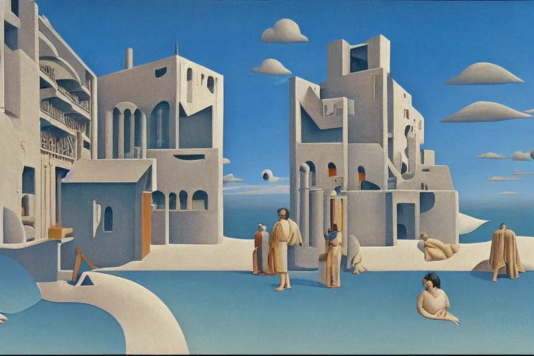 Prompt: escher sand building with a small crowd outside on a tropical island, fluffy clouds, blue sky by magritte and de chirico, surreal oil painting, hyper detailed, masterpiece 4 k