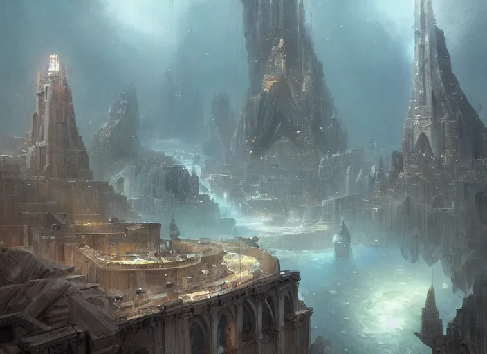 Image similar to City of Atlantis, underwater, a fantasy digital painting by Greg Rutkowski and James Gurney, trending on Artstation, highly detailed