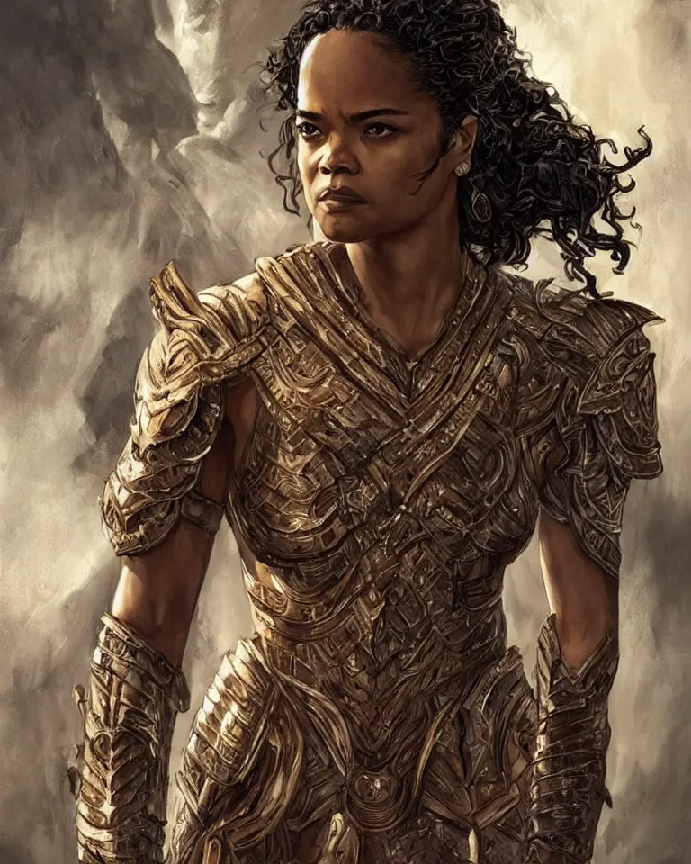 Prompt: tessa thompson as an amazon warrior, tall and beautiful with brown skin and long hair, but better, dressed in hellenistic body armor, intricate, elegant, highly detailed, smooth, sharp focus, detailed face, art by ardian syaf