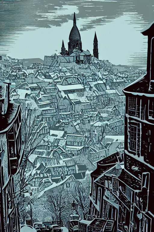 Prompt: a beautiful sergio sanchez santamaria linocut print of montmartre, 8 k, frostbite 3 engine, cryengine, dof, trending on artstation, digital art, crepuscular ray