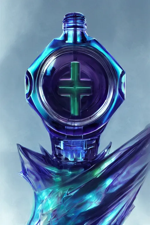 Image similar to concept art of a rolex - star wars blue magenta iridescent liquid dietary supplement in a transparent bottle with big black sticker on it by aenaluck, artgerm and roberto ferri and greg rutkowski, blue and white tones, digital painting, artstation, concept art, smooth, sharp foccus ilustration hq