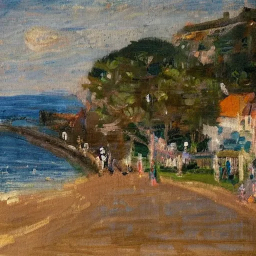 Image similar to a town by the seaside, impressionist