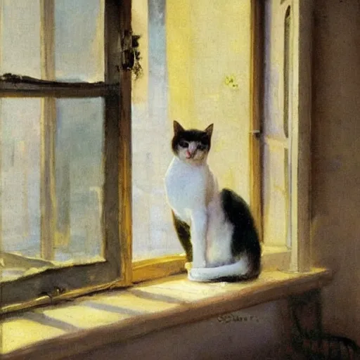 Image similar to a cat with knife in the window the sun shining, by anders zorn, oil painting