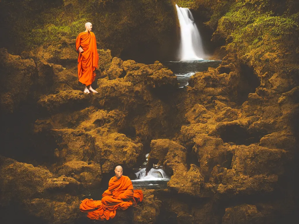 Image similar to dang ngo, annie leibovitz, steve mccurry, a simply breathtaking shot of mediating monk in orange, giantic waterfall, bright moonlight, golden ratio, wide shot, symmetrical