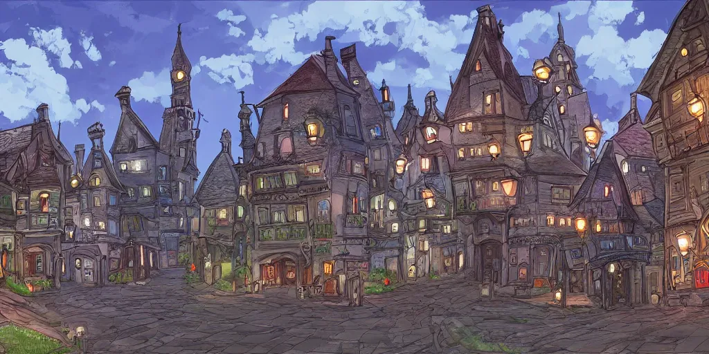 Image similar to a highly detail digital painting of a gothic town, in the style of studio ghibli