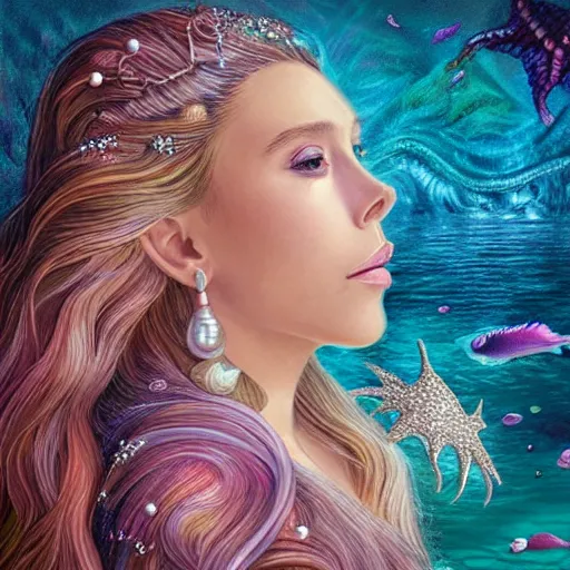 Prompt: “ elizabeth olsen portrait, fantasy, mermaid, hyperrealistic, highly detailed, cinematic lighting, pearls, glowing hair, shells, gills, crown, water, highlights, starfish, goddess, jewelry, realistic, digital art, pastel, magic, fiction, ocean, game, queen, colorful hair, sparkly eyes, fish, romantic, goddess, waves, bubbles ”